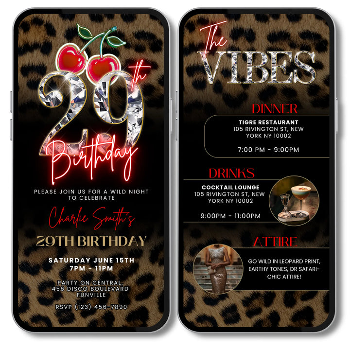 Wild Cherry Leopard Print 29th Birthday Invitation with Vibes – Self Editable Digital Template