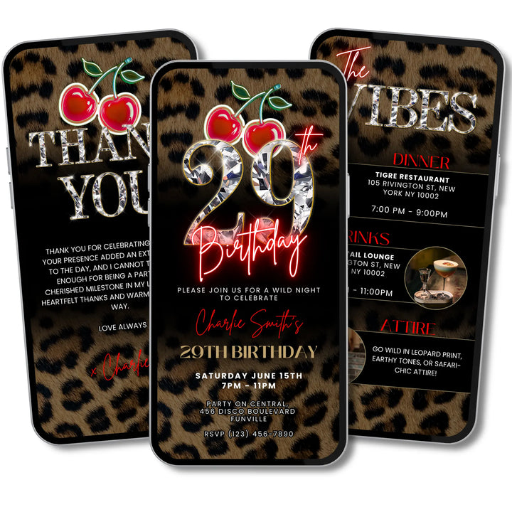 Wild Cherry Leopard Print 29th Birthday Invitation with Vibes & Thank You Card – Self Editable Digital Video Template
