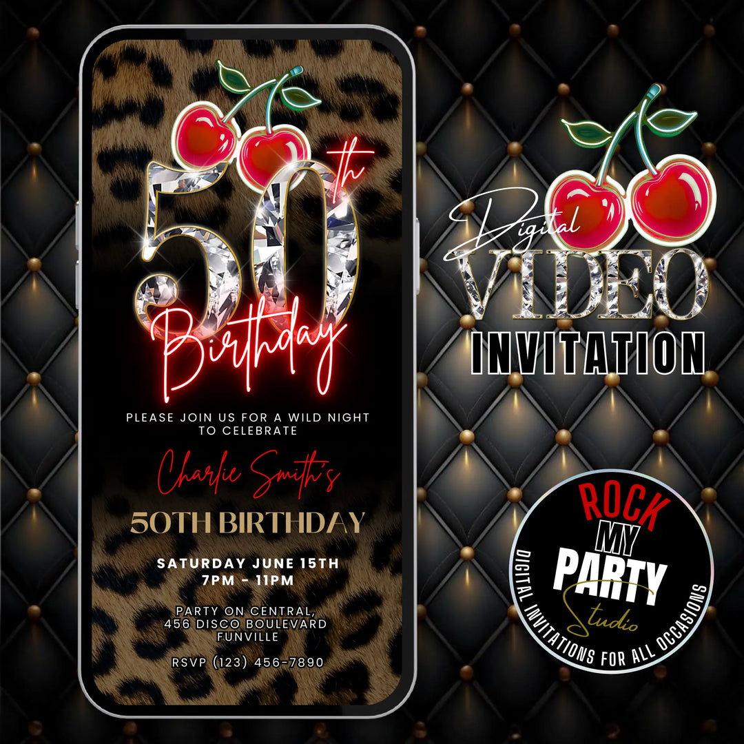 Wild Cherry Leopard Print 50th Birthday Invitation Video – Self Editable Digital Template