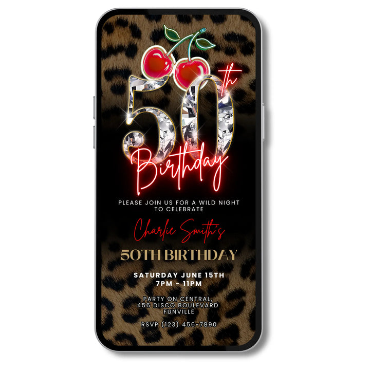Wild Cherry Leopard Print 50th Birthday Invitation Video – Self Editable Digital Template