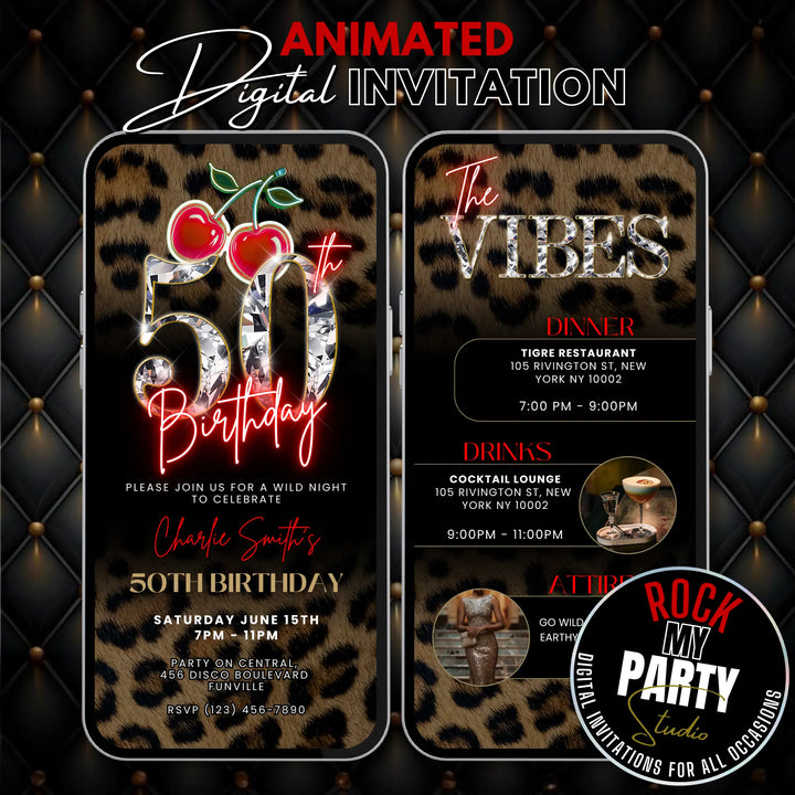 Wild Cherry Leopard Print 50th Birthday Invitation with Vibes – Self Editable Digital Template