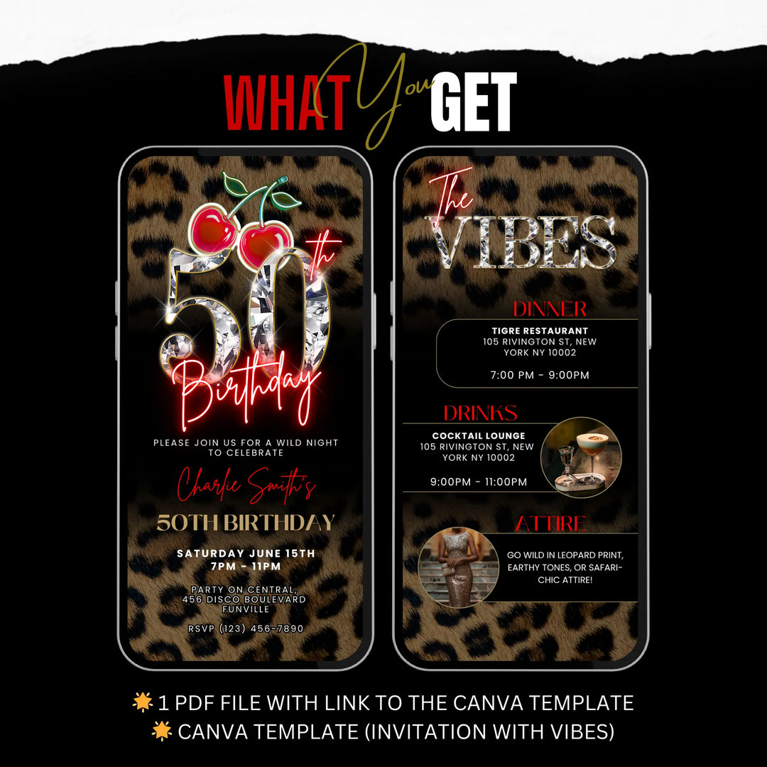 Wild Cherry Leopard Print 50th Birthday Invitation with Vibes – Self Editable Digital Template