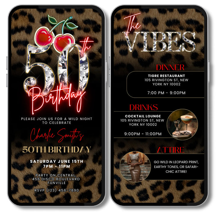 Wild Cherry Leopard Print 50th Birthday Invitation with Vibes – Self Editable Digital Template