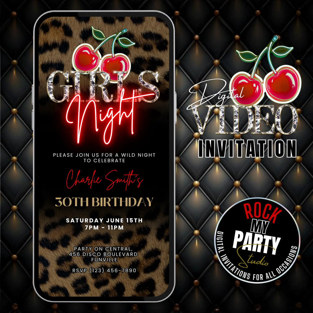 Wild Cherry Leopard Print Girls Night Invitation – Self Editable Digital Template