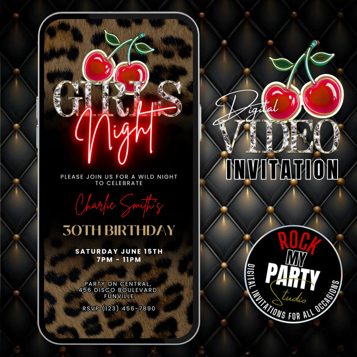 Wild Cherry Leopard Print Girls Night Invitation – Self Editable Digital Template