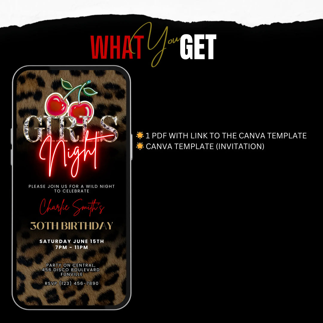 Wild Cherry Leopard Print Girls Night Invitation – Self Editable Digital Template
