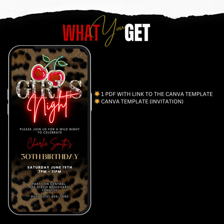 Wild Cherry Leopard Print Girls Night Invitation – Self Editable Digital Template