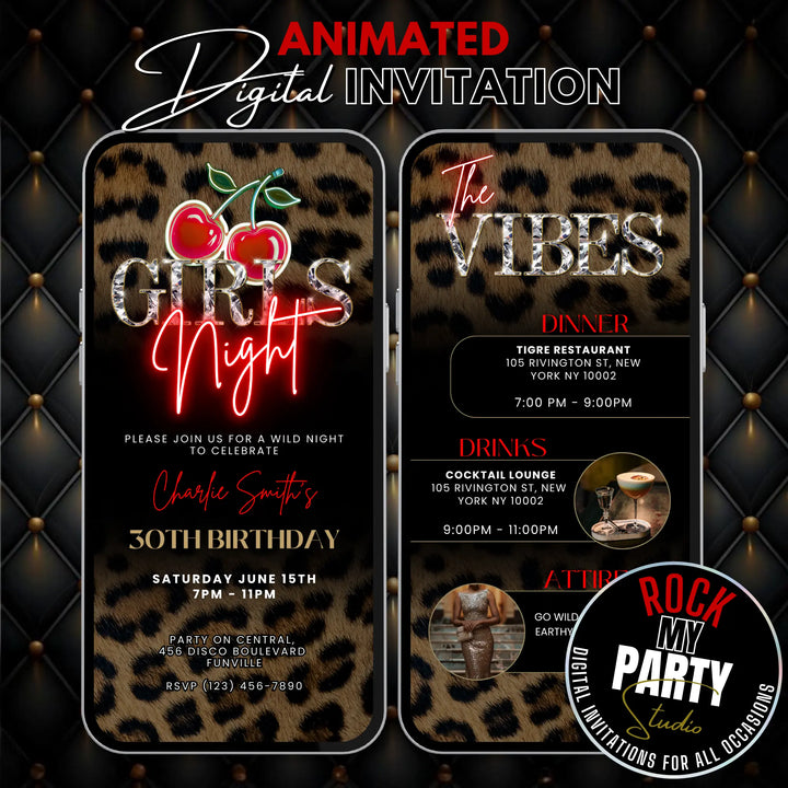 Wild Cherry Leopard Print Girls Night Invitation with Vibes – Self Editable Digital Template