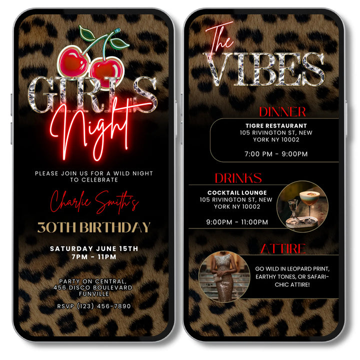 Wild Cherry Leopard Print Girls Night Invitation with Vibes – Self Editable Digital Template