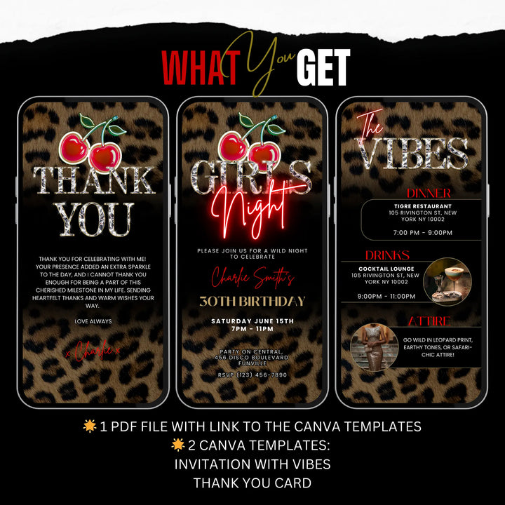 Wild Cherry Leopard Print Girls Night Invitation with Vibes & Thank You Card – Self Editable Digital Template