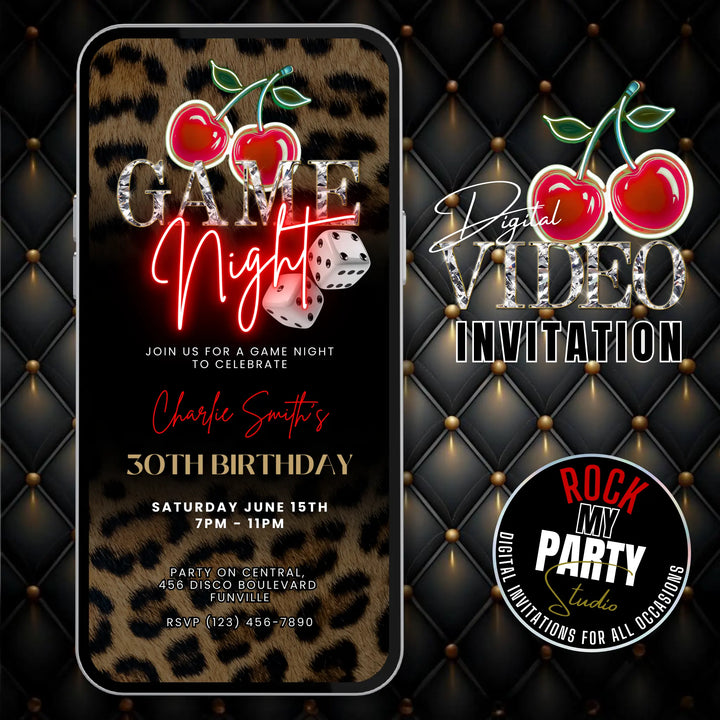 Wild Cherry Leopard Print Game Night Invitation – Self Editable Digital Template