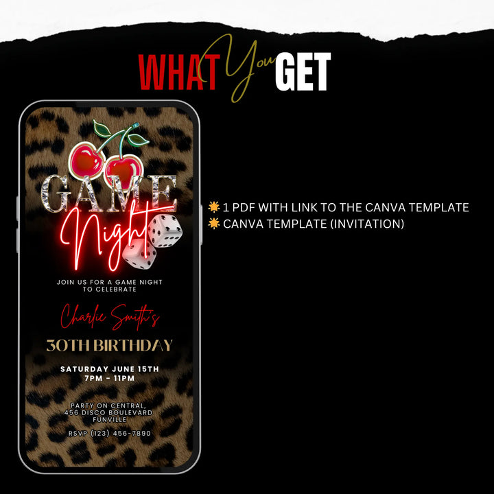 Wild Cherry Leopard Print Game Night Invitation – Self Editable Digital Template