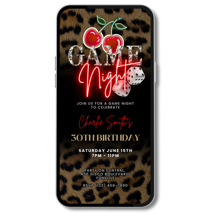 Wild Cherry Leopard Print Game Night Invitation – Self Editable Digital Template