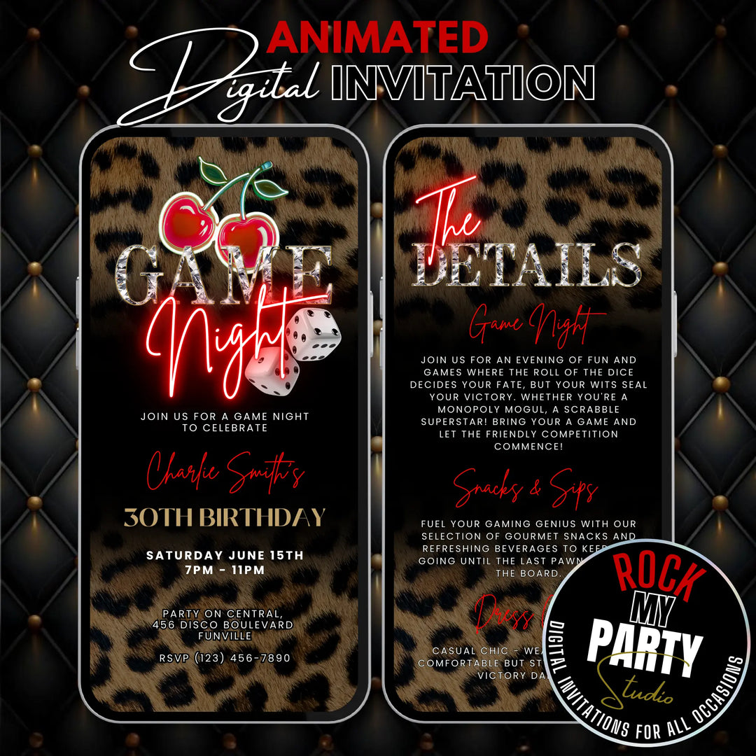 Game Night Invitation with Details, Leopard Print & Cherry Themed – Self Editable Digital Template