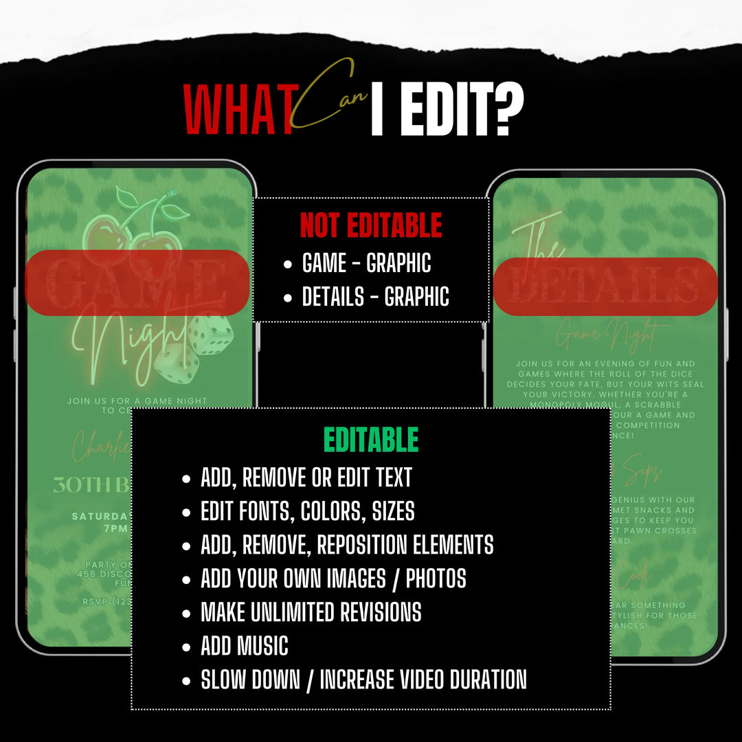 Game Night Invitation with Details, Leopard Print & Cherry Themed – Self Editable Digital Template