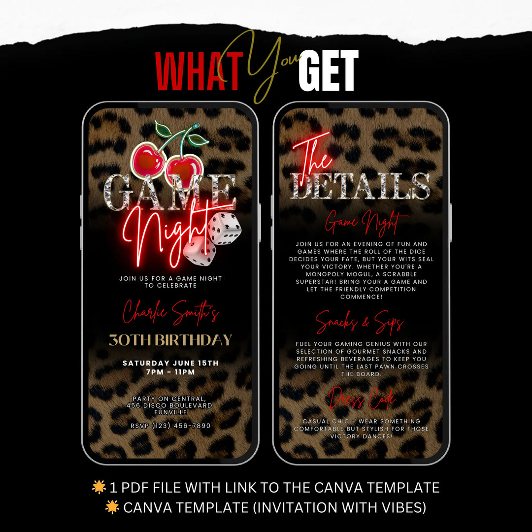 Game Night Invitation with Details, Leopard Print & Cherry Themed – Self Editable Digital Template