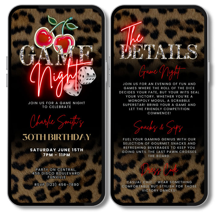 Game Night Invitation with Details, Leopard Print & Cherry Themed – Self Editable Digital Template