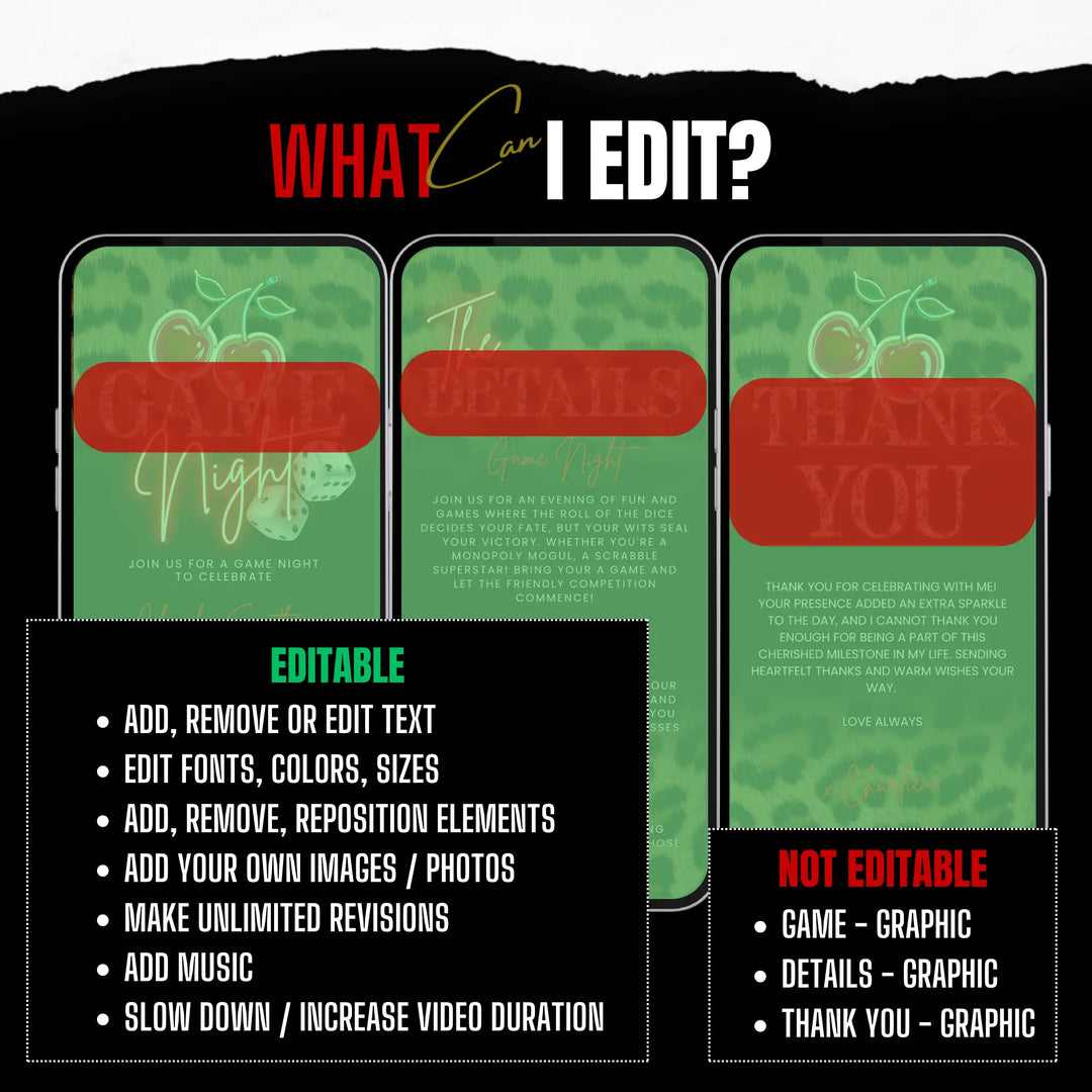 Game Night Invitation with Details & Thank You Card, Leopard Print & Cherry Themed – Self Editable Digital Template