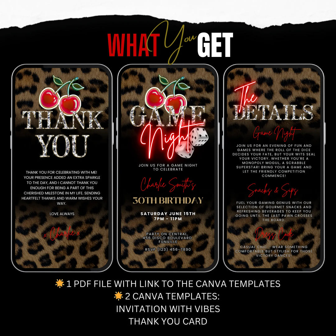 Game Night Invitation with Details & Thank You Card, Leopard Print & Cherry Themed – Self Editable Digital Template