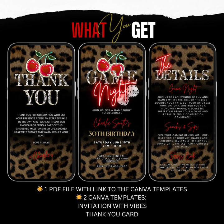 Game Night Invitation with Details & Thank You Card, Leopard Print & Cherry Themed – Self Editable Digital Template