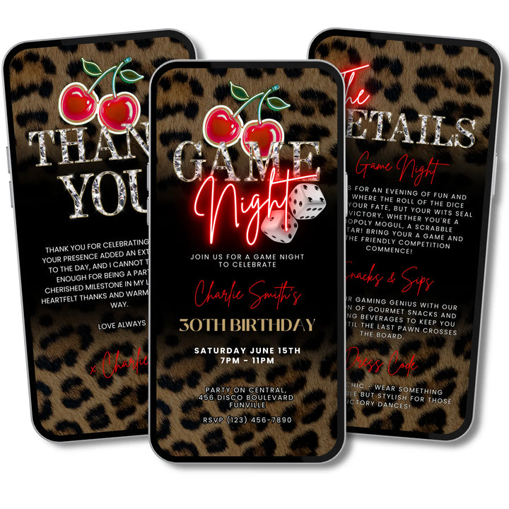 Game Night Invitation with Details & Thank You Card, Leopard Print & Cherry Themed – Self Editable Digital Template