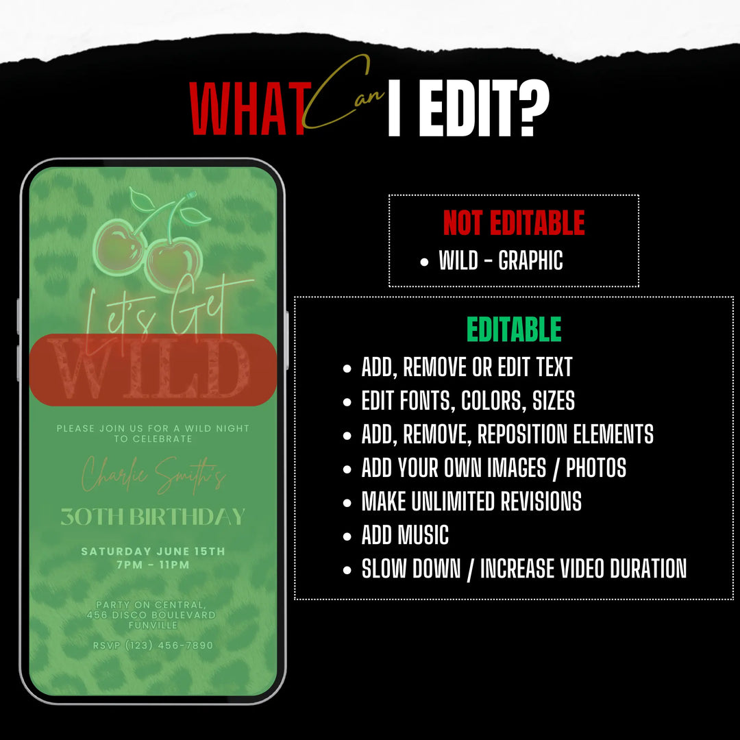 Let’s Get Wild Invitation – Leopard Print and Cherry Party Invite – Self Editable Digital Template