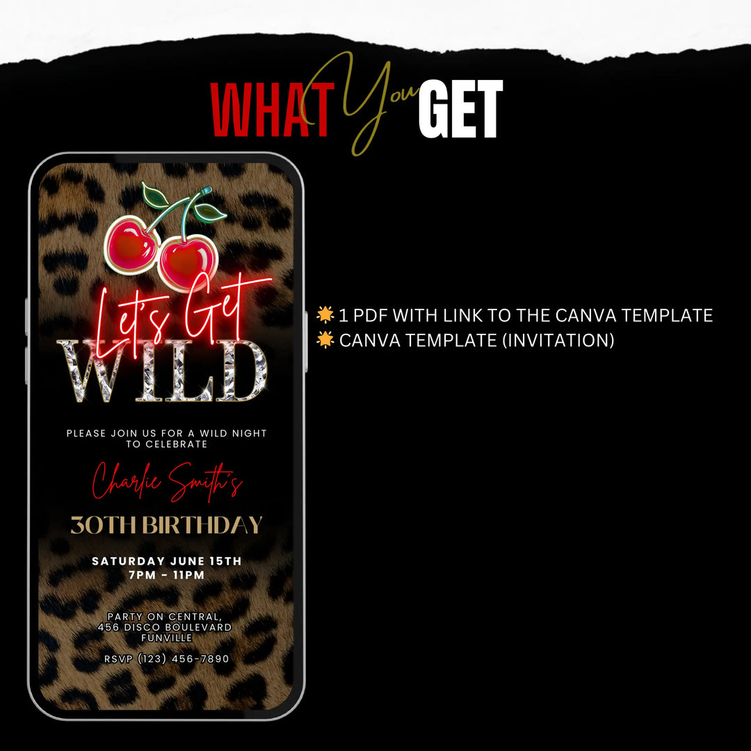 Let’s Get Wild Invitation – Leopard Print and Cherry Party Invite – Self Editable Digital Template