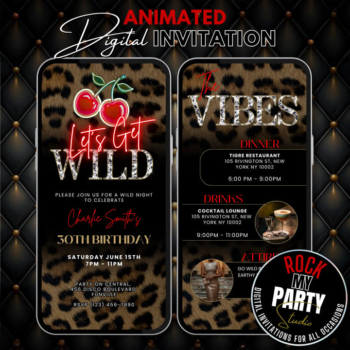 Let’s Get Wild Invitation – Leopard Print and Cherry Party Invite with Vibes – Self Editable Digital Template