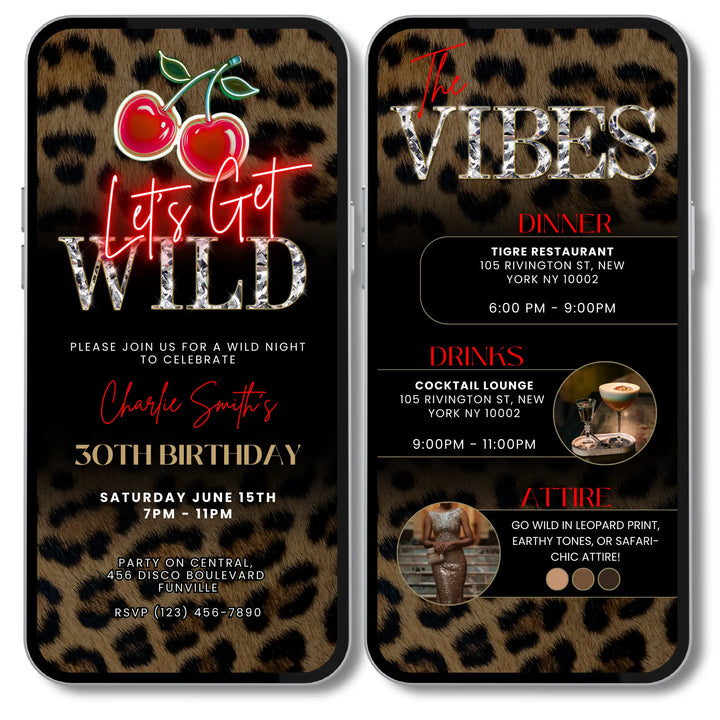 Let’s Get Wild Invitation – Leopard Print and Cherry Party Invite with Vibes – Self Editable Digital Template
