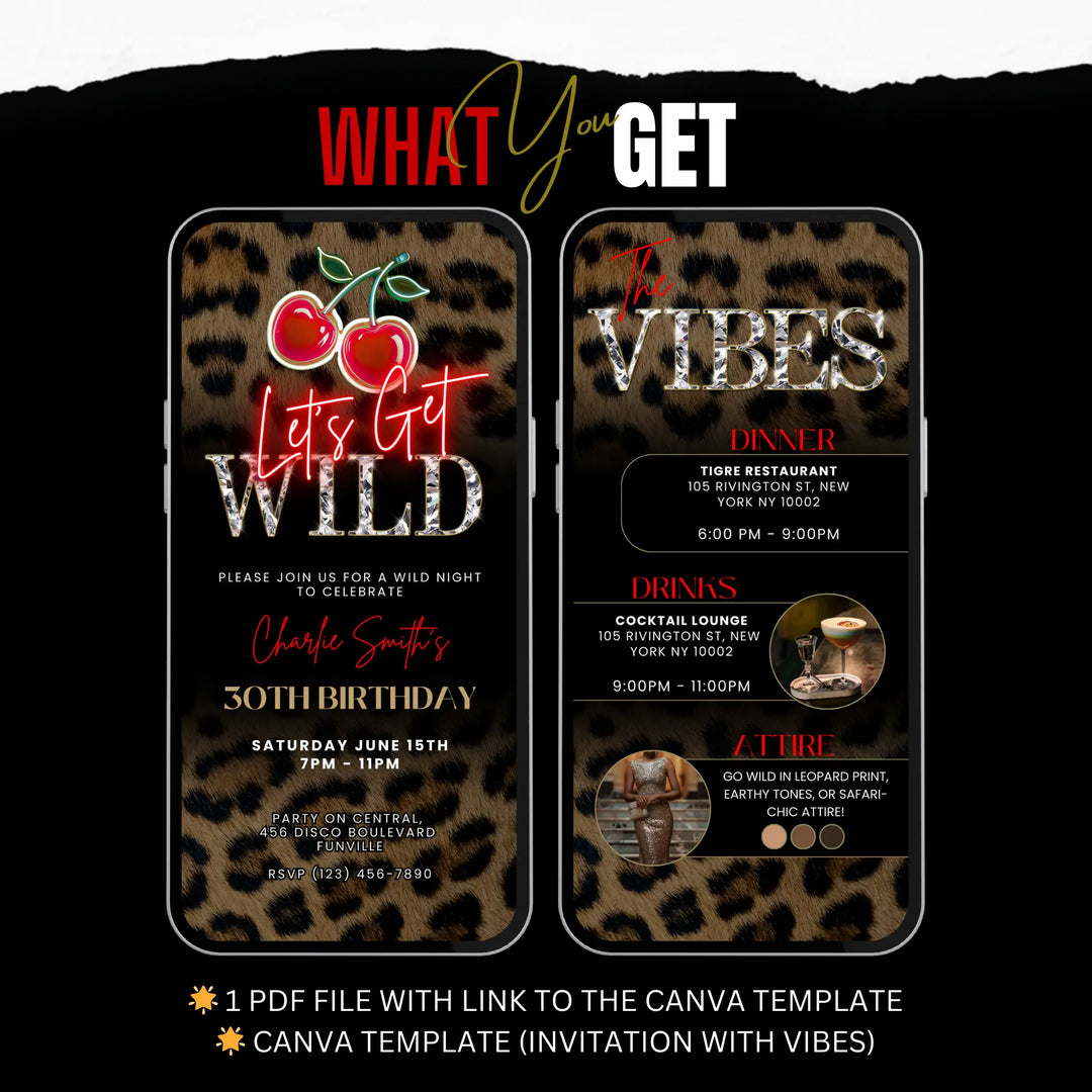Let’s Get Wild Invitation – Leopard Print and Cherry Party Invite with Vibes – Self Editable Digital Template