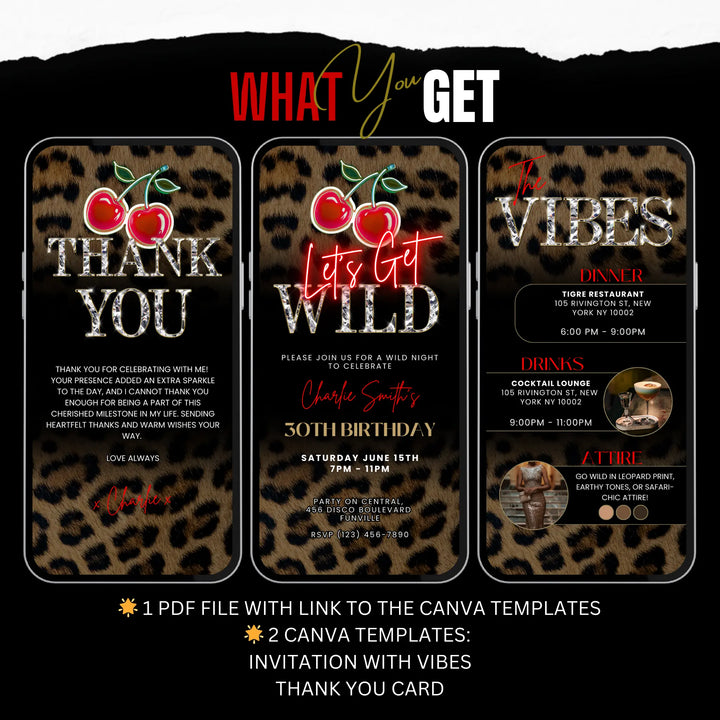 Let’s Get Wild Invitation – Cheetah Print and Cherry Party Invite with Vibes and Thank You Card – Self Editable Digital Template