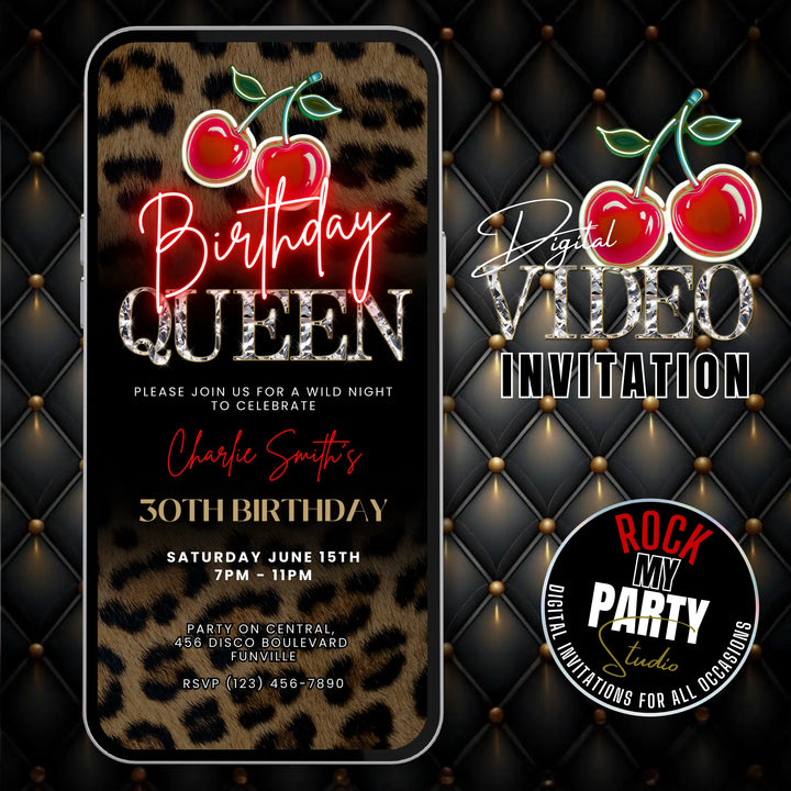 Birthday Queen Invitation – Leopard Print and Cherry Party Invite – Self Editable Digital Template
