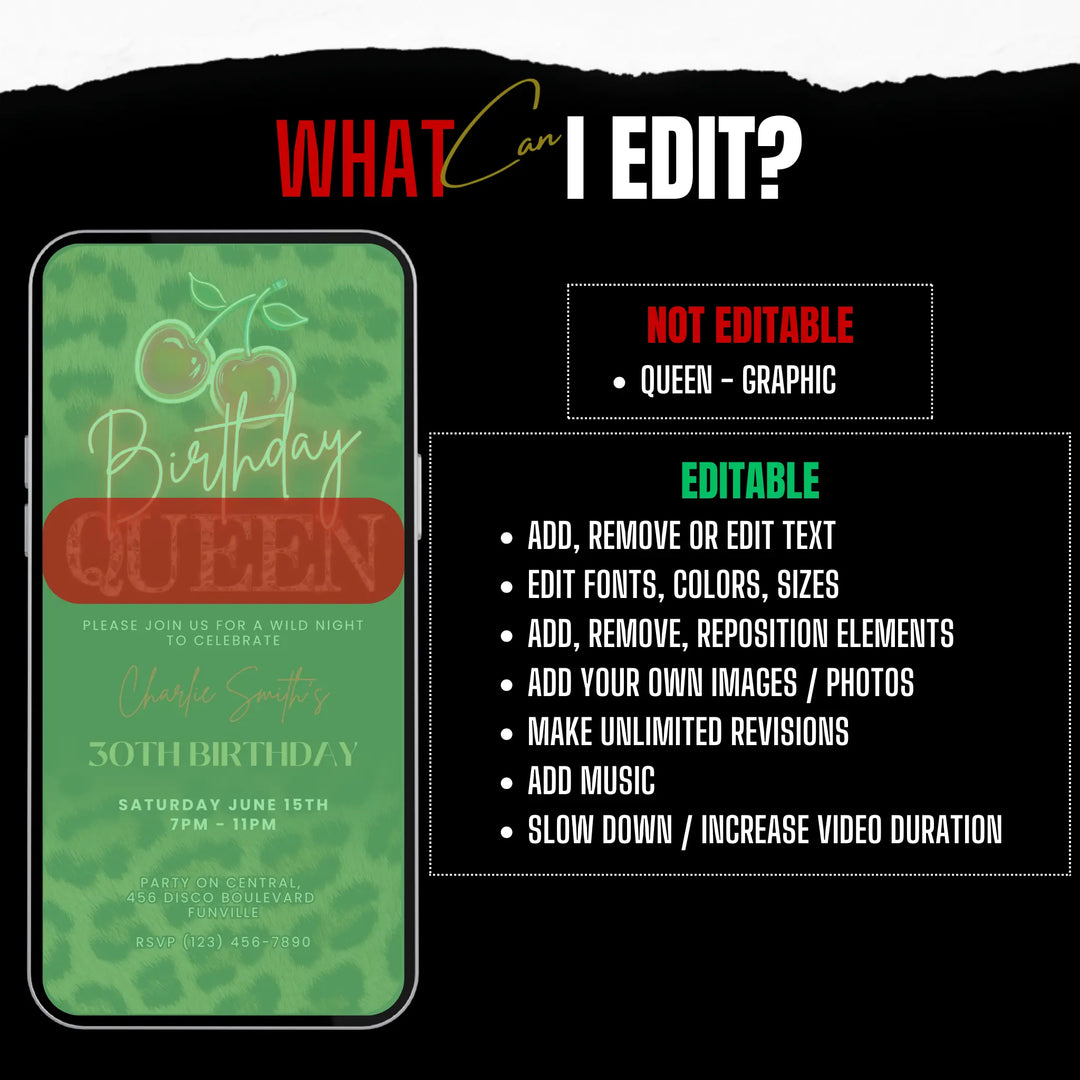 Birthday Queen Invitation – Leopard Print and Cherry Party Invite – Self Editable Digital Template