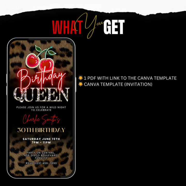 Birthday Queen Invitation – Leopard Print and Cherry Party Invite – Self Editable Digital Template