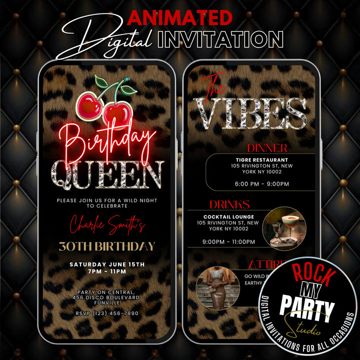 Birthday Queen Invitation with Vibes – Leopard Print and Cherry Party Invite – Self Editable Digital Template