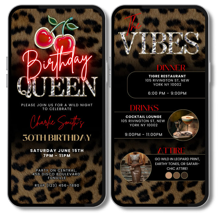 Birthday Queen Invitation with Vibes – Leopard Print and Cherry Party Invite – Self Editable Digital Template