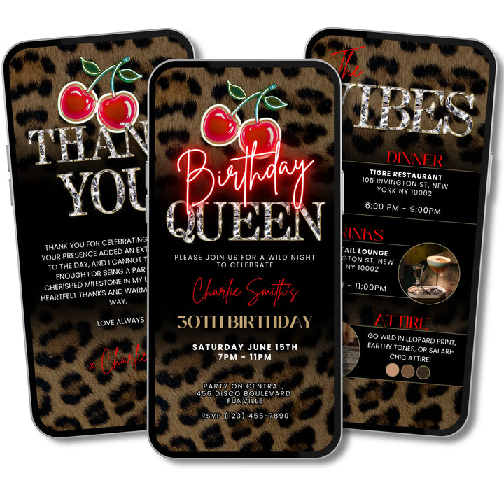Birthday Queen Invitation with Vibes and Thank You Card – Leopard Print and Cherry Party Invite – Self Editable Digital Template