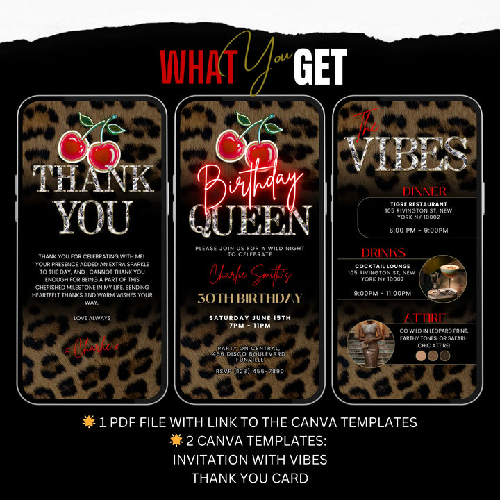 Birthday Queen Invitation with Vibes and Thank You Card – Leopard Print and Cherry Party Invite – Self Editable Digital Template