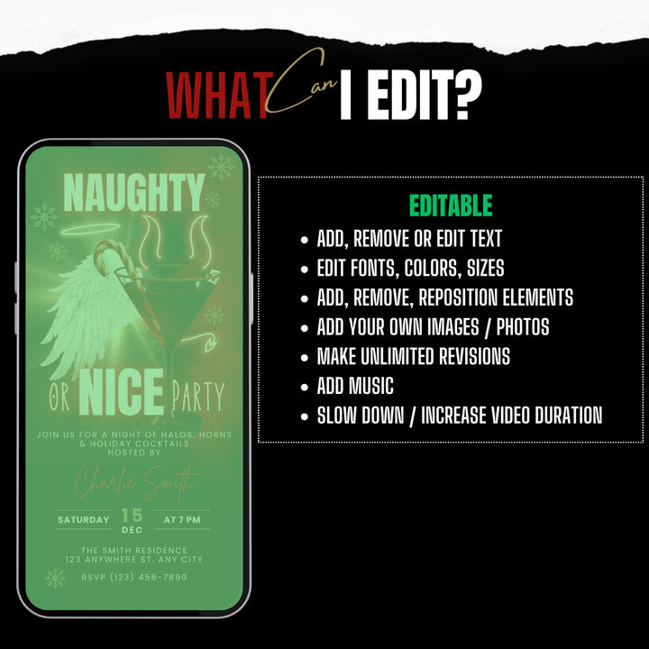 Naughty or Nice Themed Christmas Party Invitation – Luxe Holiday Cocktail Invite – Editable Canva Template