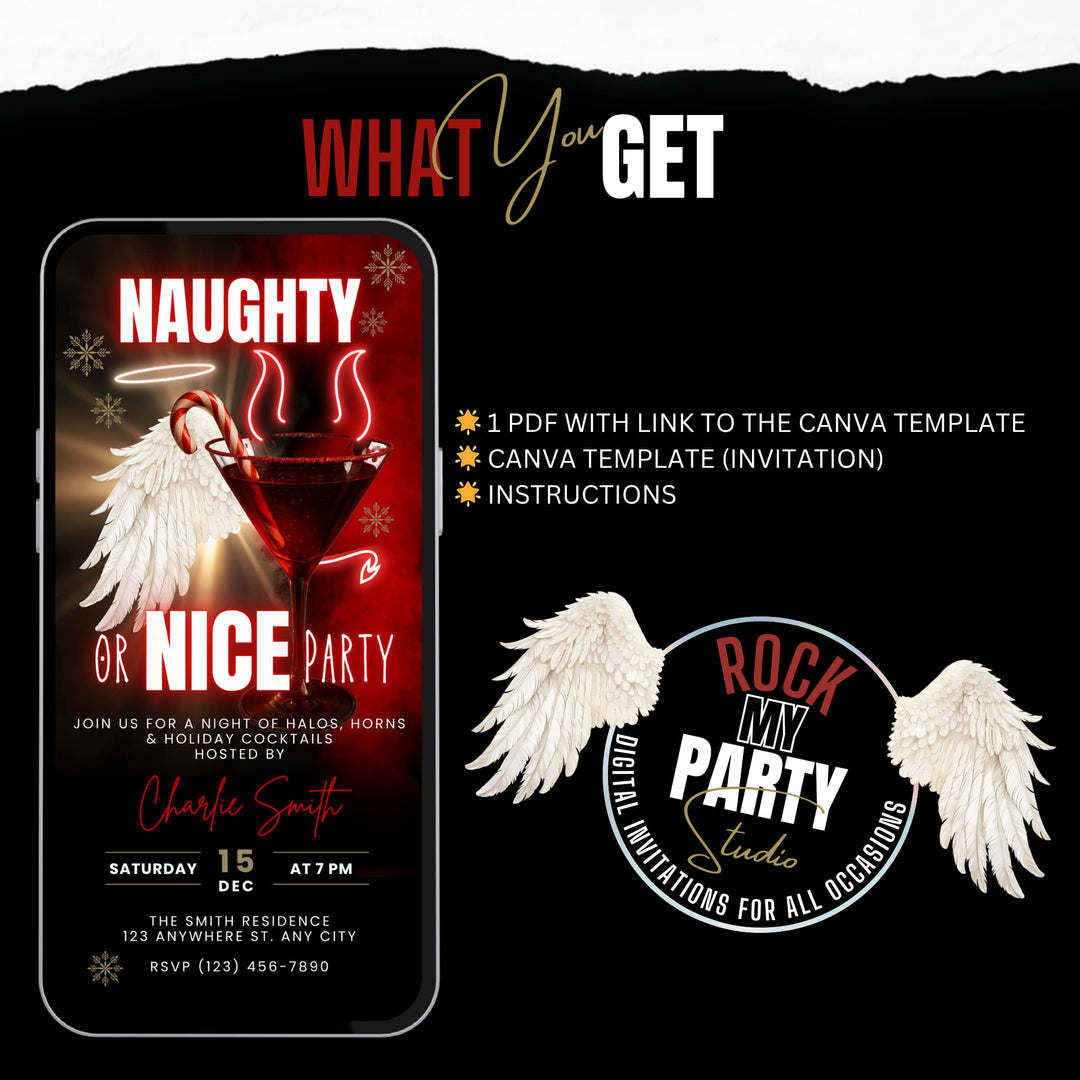 Naughty or Nice Themed Christmas Party Invitation – Luxe Holiday Cocktail Invite – Editable Canva Template
