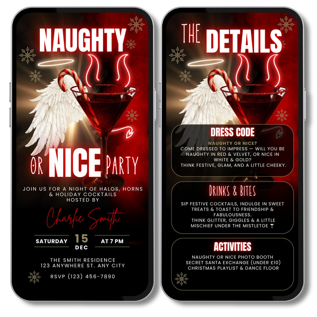 Naughty or Nice Christmas Party Invitation with details page – red and gold holiday cocktail digital Canva template with angel wings and neon devil horns, festive glam design displayed on a mobile phone.