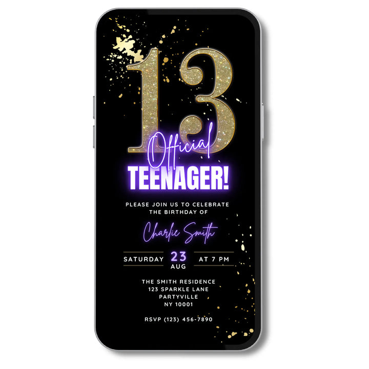 Purple 13th Birthday Invitation – Official Teenager Digital Party Invite | Editable Canva Template