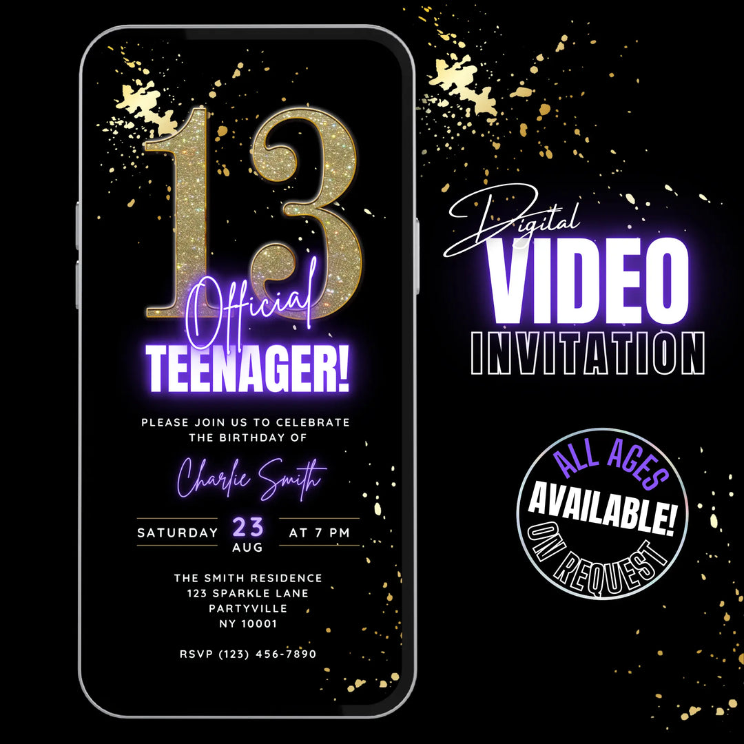 Purple 13th Birthday Invitation – Official Teenager Digital Party Invite | Editable Canva Template