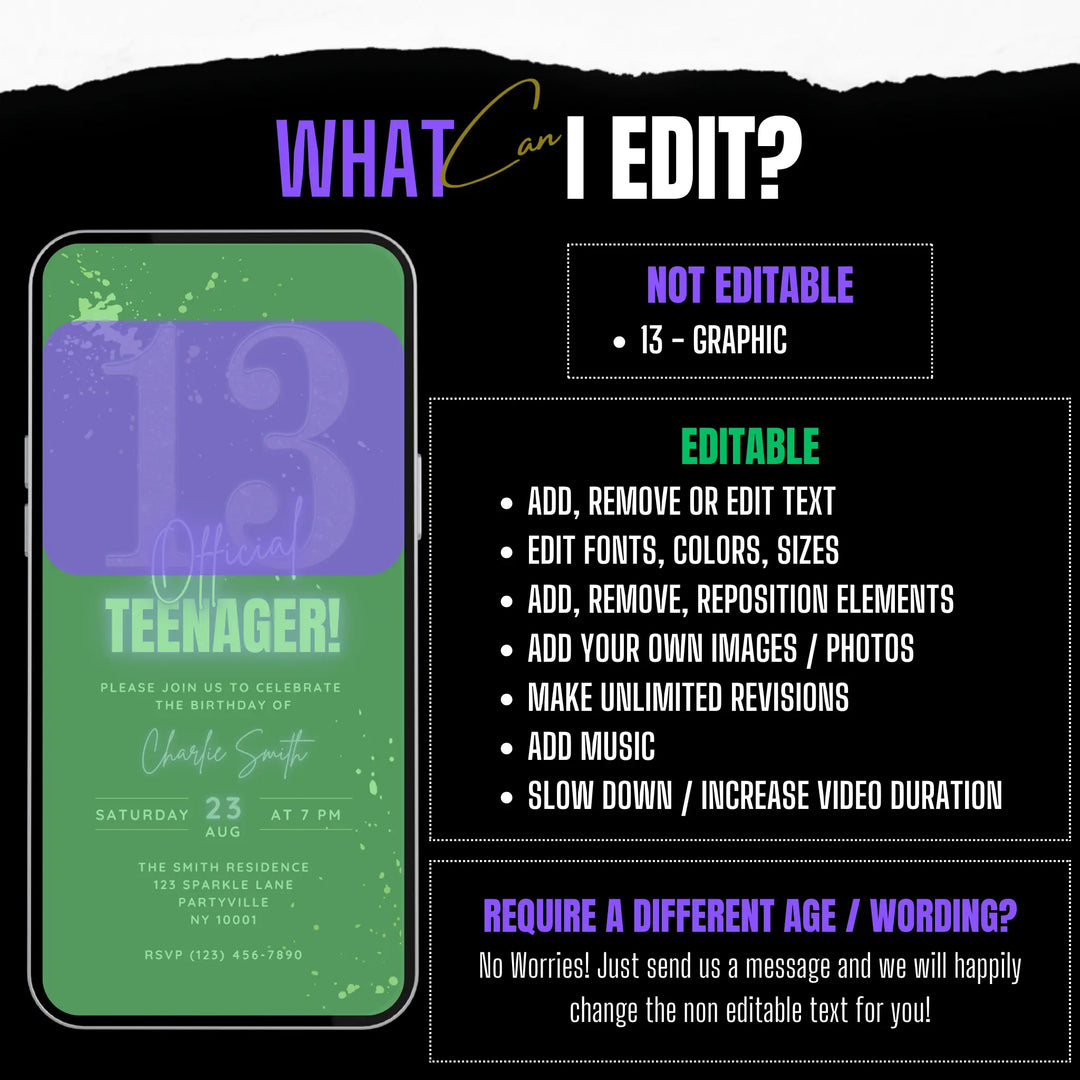 Purple 13th Birthday Invitation – Official Teenager Digital Party Invite | Editable Canva Template