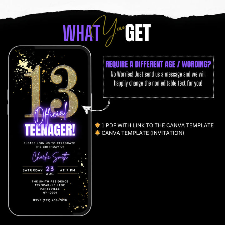 Purple 13th Birthday Invitation – Official Teenager Digital Party Invite | Editable Canva Template