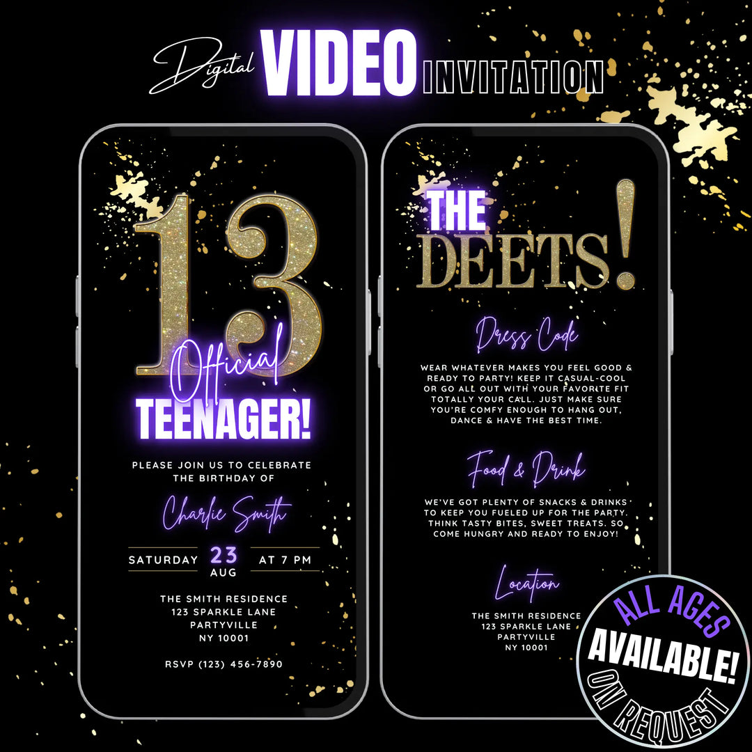 Editable Purple 13th Birthday Invitation | Official Teenager Party Digital Invite
