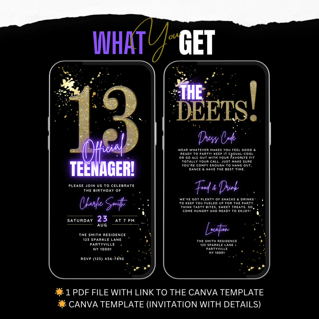 Editable Purple 13th Birthday Invitation | Official Teenager Party Digital Invite