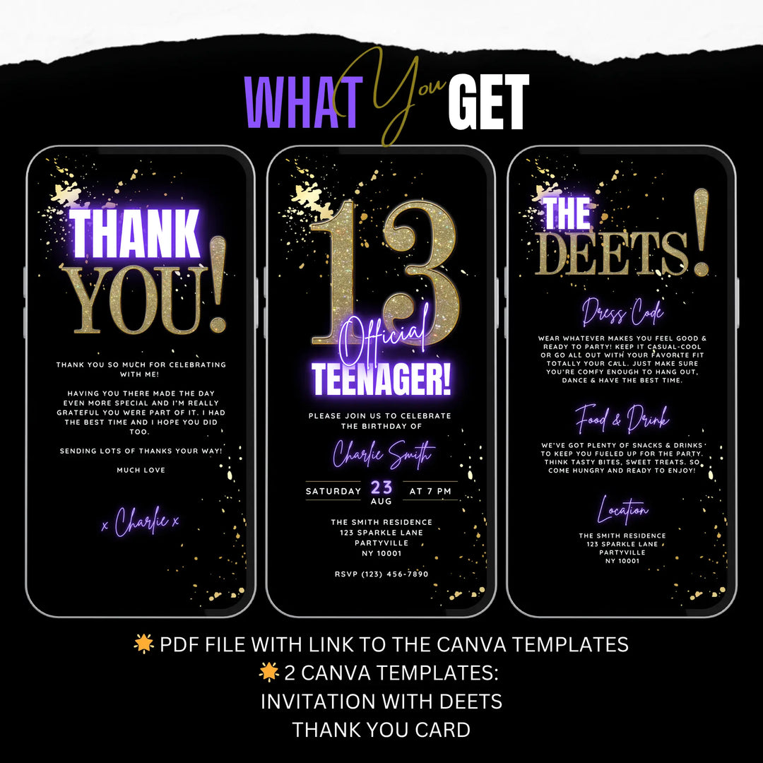 Purple 13th Birthday Invitation – Official Teenager Party Invite| Editable Canva Template