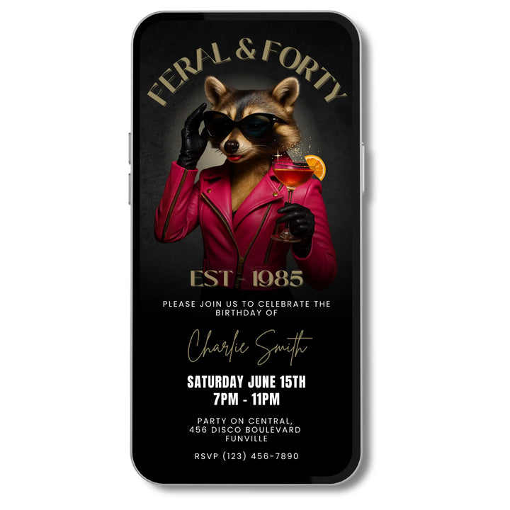 Feral & Forty Digital Invitation | Funny 40th Birthday Invite | Glam Raccoon Theme | Editable Canva Template