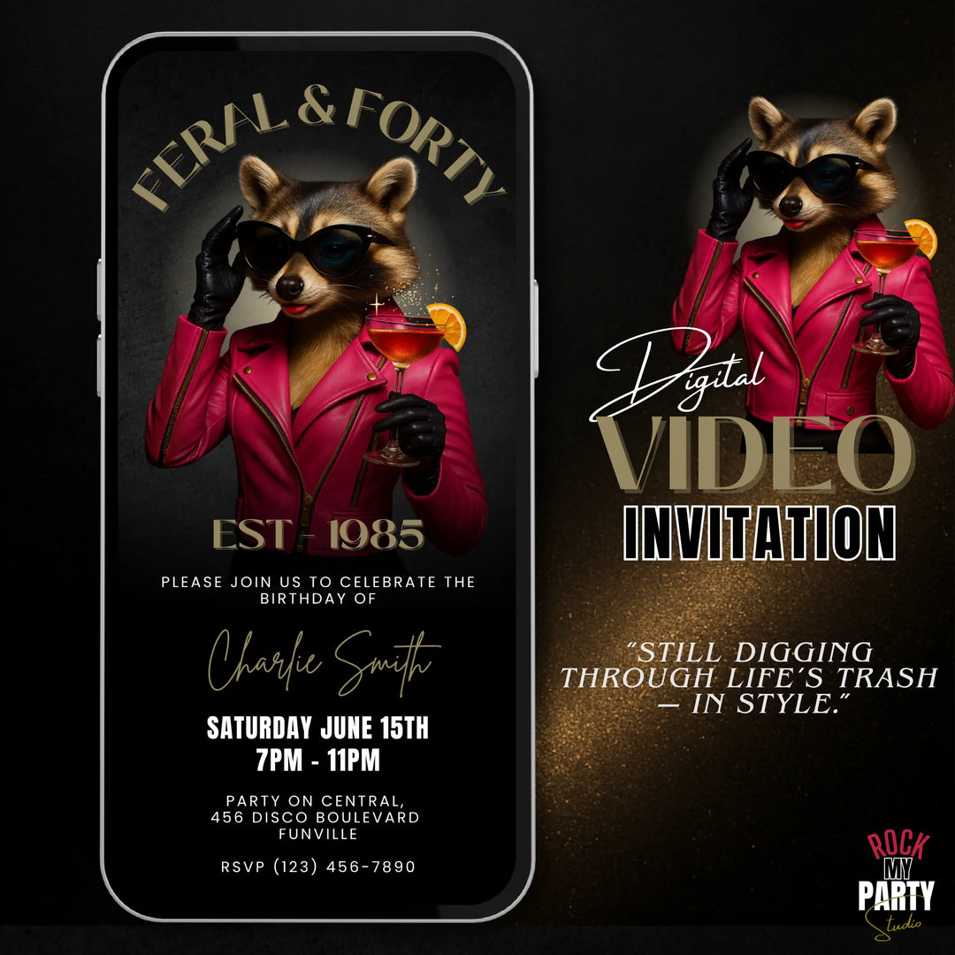 Feral & Forty Digital Invitation | Funny 40th Birthday Invite | Glam Raccoon Theme | Editable Canva Template